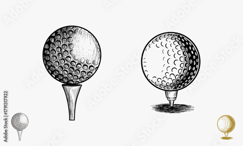Vector hand drawing drawn illustration of golf ball on tee and grass.