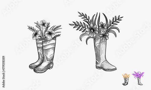 Set of Rubber boots with bouquet of blooming rose flowers inside, hand drawn sketch vector illustration isolated on white background. Decorative design element.