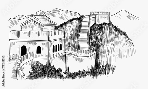 Sketch of the Great Wall of China. Hand drawn illustration vector