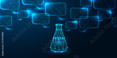 Smart science and AI chemistry concept with glowing polygonal flask and chatbot communication