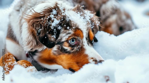 A dog with blue eyes and black, brown, and white fur is looking up from laying in the fresh snow with a happy expression on its face.