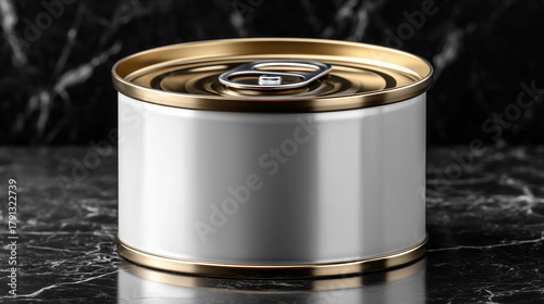 blank white metal food can mockup on marble surface
