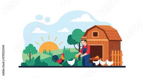 Flat vector illustration of peaceful morning at a village farm with farmer feeding chickens near barn. Solid warm tones, soft sky, no gradients, concept of simple rural life