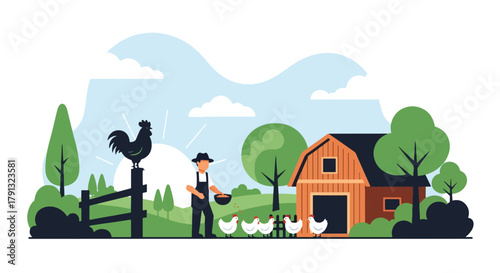 Flat vector illustration of peaceful morning at a village farm with farmer feeding chickens near barn. Solid warm tones, soft sky, no gradients, concept of simple rural life