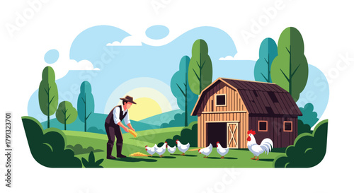Flat vector illustration of peaceful morning at a village farm with farmer feeding chickens near barn. Solid warm tones, soft sky, no gradients, concept of simple rural life