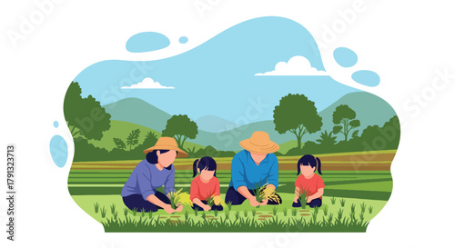 Flat vector illustration of family planting rice in lush green paddy field under blue sky. Solid bright tones, no gradients, concept of teamwork and traditional countryside life