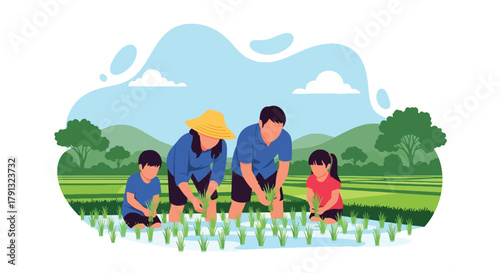 Flat vector illustration of family planting rice in lush green paddy field under blue sky. Solid bright tones, no gradients, concept of teamwork and traditional countryside life