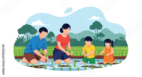 Flat vector illustration of family planting rice in lush green paddy field under blue sky. Solid bright tones, no gradients, concept of teamwork and traditional countryside life