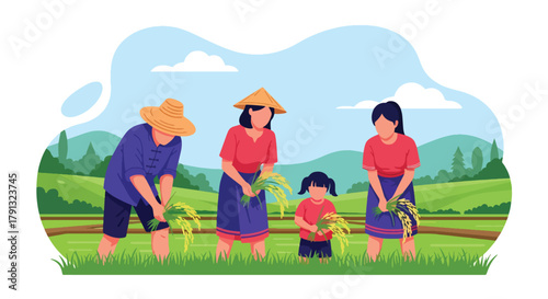 Flat vector illustration of family planting rice in lush green paddy field under blue sky. Solid bright tones, no gradients, concept of teamwork and traditional countryside life