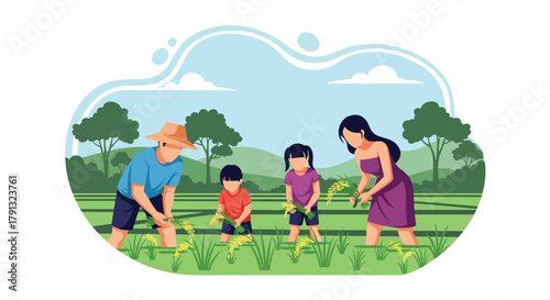 Flat vector illustration of family planting rice in lush green paddy field under blue sky. Solid bright tones, no gradients, concept of teamwork and traditional countryside life