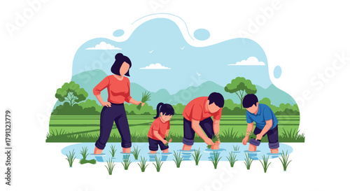 Flat vector illustration of family planting rice in lush green paddy field under blue sky. Solid bright tones, no gradients, concept of teamwork and traditional countryside life