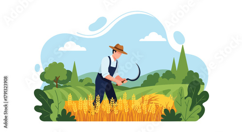 Flat vector scene of farmer harvesting golden wheat field under clear sky. Solid earthy palette, geometric shapes, no gradients, simple life and farming concept illustration