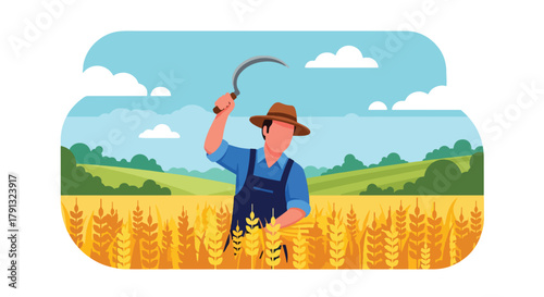 Flat vector scene of farmer harvesting golden wheat field under clear sky. Solid earthy palette, geometric shapes, no gradients, simple life and farming concept illustration