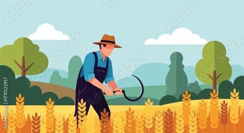 Flat vector scene of farmer harvesting golden wheat field under clear sky. Solid earthy palette, geometric shapes, no gradients, simple life and farming concept illustration