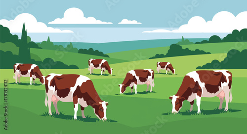 Flat vector illustration of cows grazing on bright green field with mountain view. Solid clean shapes, no gradients, calm countryside life concept, peaceful nature background