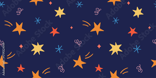 Hand-drawn pattern with shooting stars and doodle elements. Christmas star background.