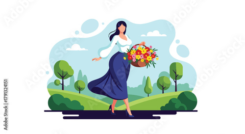 Flat vector illustration of smiling woman walking with basket full of flowers on village road. Solid pastel tones, no gradients, simple peaceful countryside concept