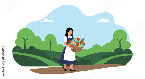 Flat vector illustration of smiling woman walking with basket full of flowers on village road. Solid pastel tones, no gradients, simple peaceful countryside concept