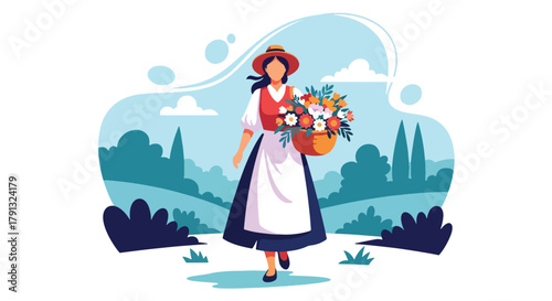 Flat vector illustration of smiling woman walking with basket full of flowers on village road. Solid pastel tones, no gradients, simple peaceful countryside concept