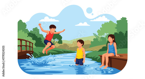 Flat vector illustration of kids playing near wooden bridge by countryside riverbank. Solid bright tones, no gradients, joyful rural activity, fun outdoor lifestyle design