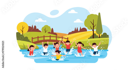 Flat vector illustration of kids playing near wooden bridge by countryside riverbank. Solid bright tones, no gradients, joyful rural activity, fun outdoor lifestyle design
