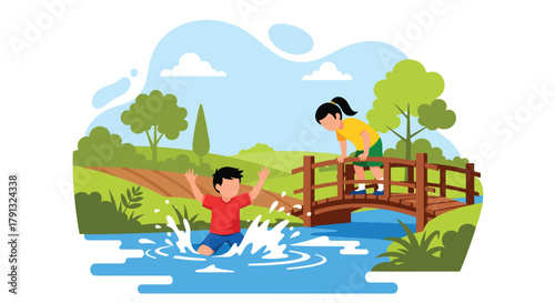 Flat vector illustration of kids playing near wooden bridge by countryside riverbank. Solid bright tones, no gradients, joyful rural activity, fun outdoor lifestyle design
