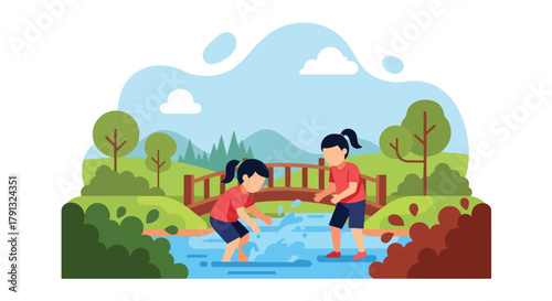 Flat vector illustration of kids playing near wooden bridge by countryside riverbank. Solid bright tones, no gradients, joyful rural activity, fun outdoor lifestyle design