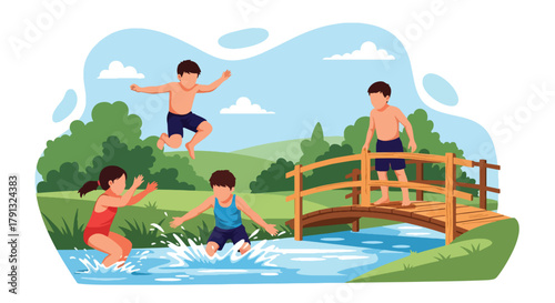 Flat vector illustration of kids playing near wooden bridge by countryside riverbank. Solid bright tones, no gradients, joyful rural activity, fun outdoor lifestyle design