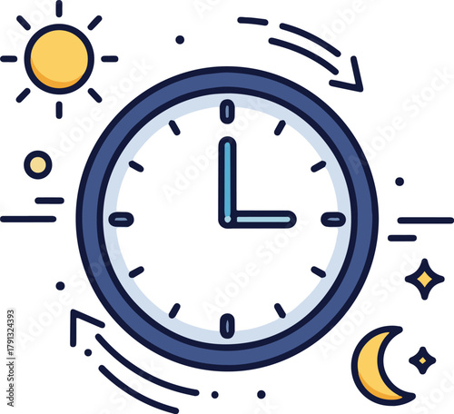 a round clock with time hands pointing to 12 and 3, surrounded by sun, moon, and directional arrows indicating a time cycle or shift.