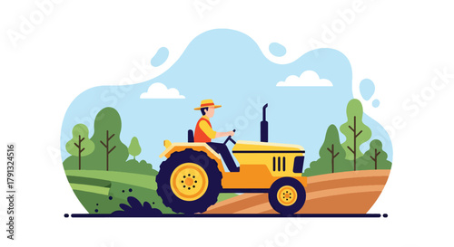 Flat vector illustration of farmer driving red tractor through field with clouds. Solid bold tones, clean layout, no gradients, modern countryside farming lifestyle concept