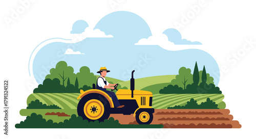 Flat vector illustration of farmer driving red tractor through field with clouds. Solid bold tones, clean layout, no gradients, modern countryside farming lifestyle concept