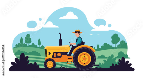 Flat vector illustration of farmer driving red tractor through field with clouds. Solid bold tones, clean layout, no gradients, modern countryside farming lifestyle concept