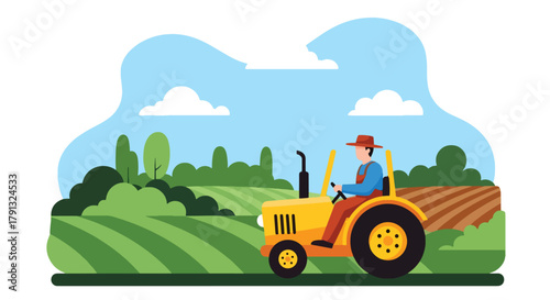 Flat vector illustration of farmer driving red tractor through field with clouds. Solid bold tones, clean layout, no gradients, modern countryside farming lifestyle concept