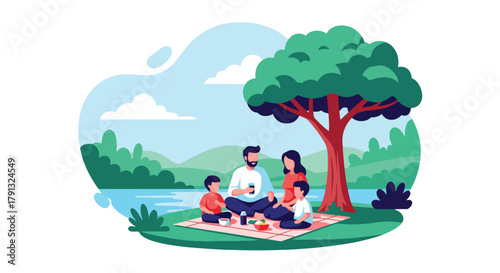 Flat vector illustration of family picnic under tree near calm lake in countryside. Solid soft tones, no gradients, peaceful outdoor leisure activity, rural lifestyle scene