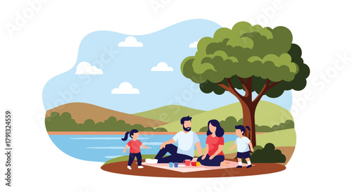 Flat vector illustration of family picnic under tree near calm lake in countryside. Solid soft tones, no gradients, peaceful outdoor leisure activity, rural lifestyle scene