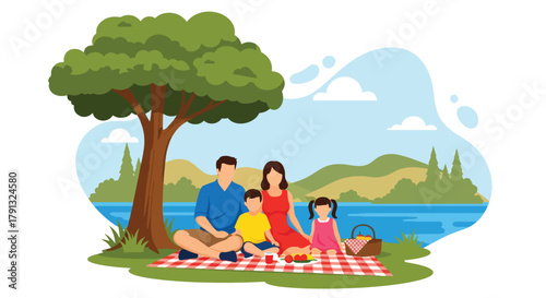 Flat vector illustration of family picnic under tree near calm lake in countryside. Solid soft tones, no gradients, peaceful outdoor leisure activity, rural lifestyle scene