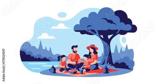 Flat vector illustration of family picnic under tree near calm lake in countryside. Solid soft tones, no gradients, peaceful outdoor leisure activity, rural lifestyle scene