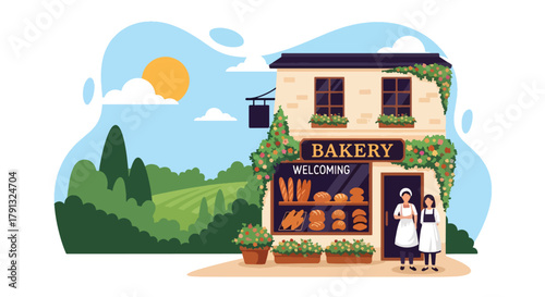 Flat vector illustration of small countryside bakery with bread display and flower pots. Solid bright tones, simple geometric design, no gradients, local business concept