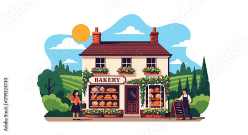 Flat vector illustration of small countryside bakery with bread display and flower pots. Solid bright tones, simple geometric design, no gradients, local business concept