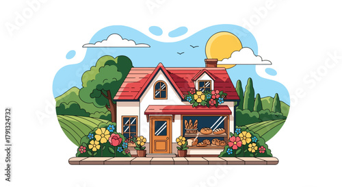 Flat vector illustration of small countryside bakery with bread display and flower pots. Solid bright tones, simple geometric design, no gradients, local business concept