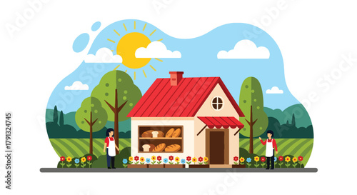 Flat vector illustration of small countryside bakery with bread display and flower pots. Solid bright tones, simple geometric design, no gradients, local business concept