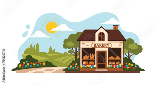 Flat vector illustration of small countryside bakery with bread display and flower pots. Solid bright tones, simple geometric design, no gradients, local business concept
