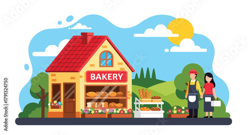 Flat vector illustration of small countryside bakery with bread display and flower pots. Solid bright tones, simple geometric design, no gradients, local business concept