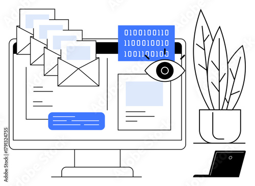 Computer screen with emails, binary code, and an eye icon for monitoring, adjacent to a laptop and plant. Ideal for cybersecurity, data privacy, email monitoring, hacking, digital workplace network