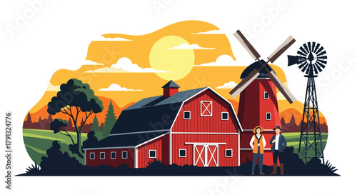 Flat vector illustration of sunset over countryside barn with orange sky and windmill. Solid warm tones, minimal landscape composition, no gradients, nostalgic rural theme