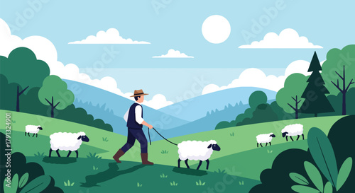 Flat vector illustration of shepherd walking with sheep on green meadow hills. Solid natural palette, simple composition, no gradients, traditional countryside lifestyle