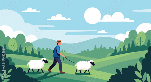 Flat vector illustration of shepherd walking with sheep on green meadow hills. Solid natural palette, simple composition, no gradients, traditional countryside lifestyle