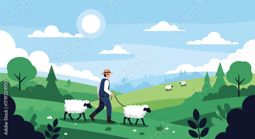Flat vector illustration of shepherd walking with sheep on green meadow hills. Solid natural palette, simple composition, no gradients, traditional countryside lifestyle