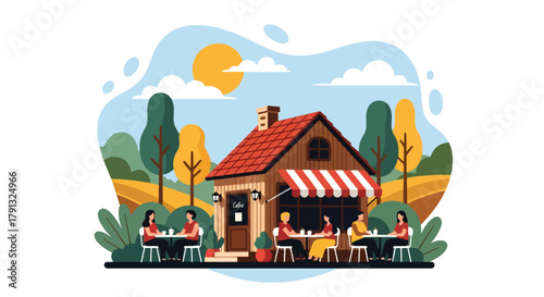 Flat vector illustration of small cafe with outdoor seating and plants in countryside. Solid pastel palette, no gradients, friendly warm atmosphere, simple lifestyle design