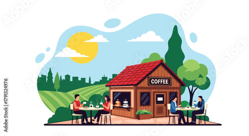 Flat vector illustration of small cafe with outdoor seating and plants in countryside. Solid pastel palette, no gradients, friendly warm atmosphere, simple lifestyle design